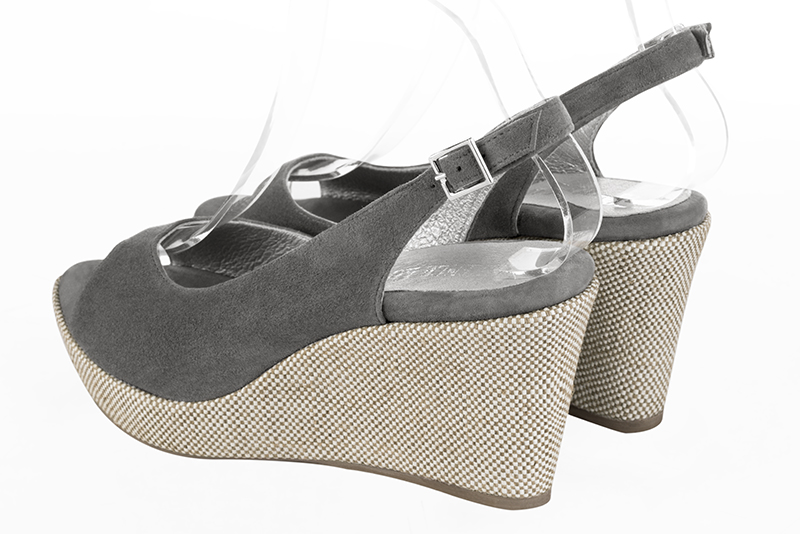 Dove grey women's slingback sandals. Round toe. High wedge soles. Rear view - Florence KOOIJMAN